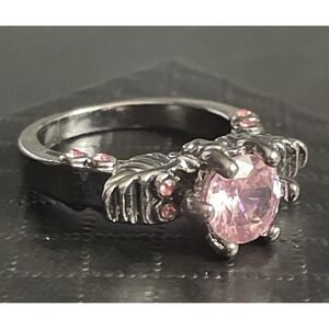 Rhinestone Winged Skull Ring Size 9 Pink Solitaire Gunmetal Tone Goth Statement